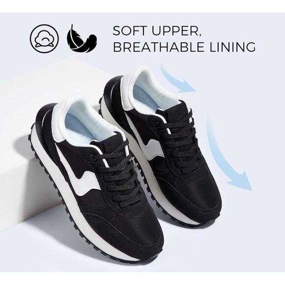 Lucky Step Women Black Tennis Retro Walking Casual Trainer Stylish Durable Shoes - Picture 3 of 9